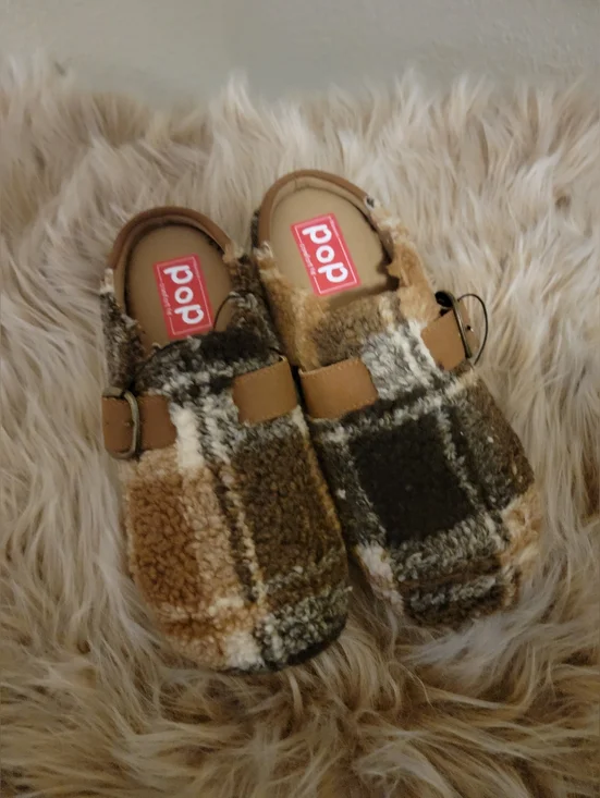 pop Plaid Sherpa Buckle Mules in Brown and Cream - Picture 2 of 3
